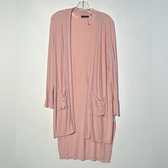 DKNY NWOT Open Front Ribbed Knit Long SLV Blush Pink 2 Pocket Cardigan Duster S - Picture 2 of 16
